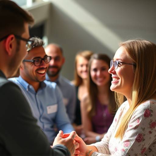 Foto de um grupo de pessoas sorrindo e interagindo durante uma aula de oratória.