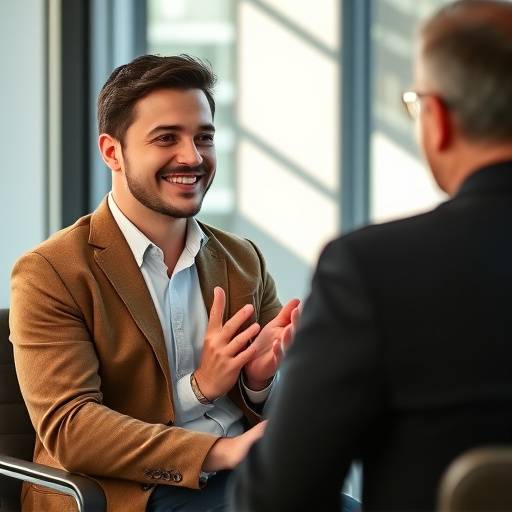 Foto de um participante recebendo feedback positivo durante uma simulaäão de entrevista.